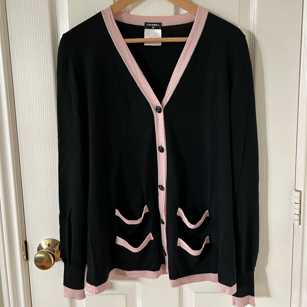 CHANEL Black Cardigan with Pink Trim - SOLD